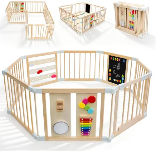 SOFTHOM Laufstall Baby Holz mit Spielzeug&Spielmatte, Faltbar&Verstellbar | 8 Stück, 150x150x65cm, XXL Groß Laufstall Baby mit Tür, Stabil&Langlebig Innen&Draußen Spielplatz, Babys Kleinkinder, Natur