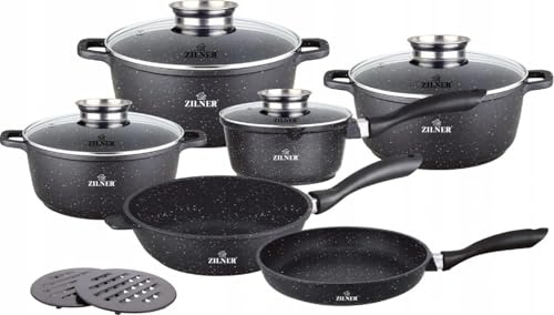 ZILNER Töpfe & Pfannen Set, 12-teilig, Marmorbeschichtung, Schwarz | Antihaftbeschichtung, Glasdeckel, für alle Herdarten, Induktion, Gas, Keramik, Halogen, Aluminiumlegierung