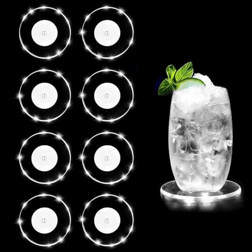 8 Stück LED Untersetzer, Weiß Leuchtende Untersetzer Acryl LED Untersetzer,Getränke Untersetzer wasserdichte Leuchtende Untersetzer für Partys, Kneipen, Hochzeiten und Weihnachten