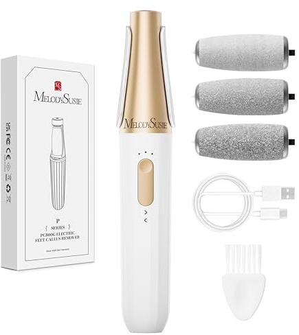 MelodySusie Foot Files for Hard Skins, PC800G Electric Callus Remover for Feet IPX7 Waterproof Rechargeable Pedicure Tool with LED Light & 3 Grits Roller Heads & Adjustable Speeds (Gold)