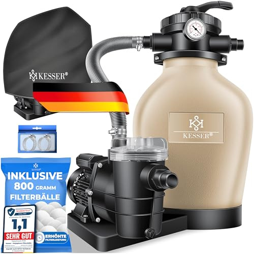 KESSER® Sandfilteranlage Sandfilter + 800g Filterbälle ersetzen 25kg Filtersand 7-Wege Ventil mit Druckanzeige Poolfilter 10 m³/h Filteranlage Filterkessel für Pool 10.200 L/h, Inkl. Wettercover, Sand