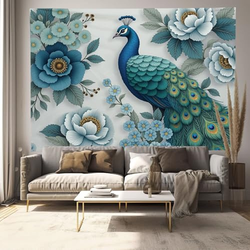 JRISEMECY Natürlicher Pfau Pfingstrose Wandteppich, Extra Großer Wandbehang, Chinesisches Tier Wandteppich, Türkis Tapisserie 3D Wandtuch Für Wohnzimmer Schlafzimmer Wohnheim Wanddeko, 230X180Cm