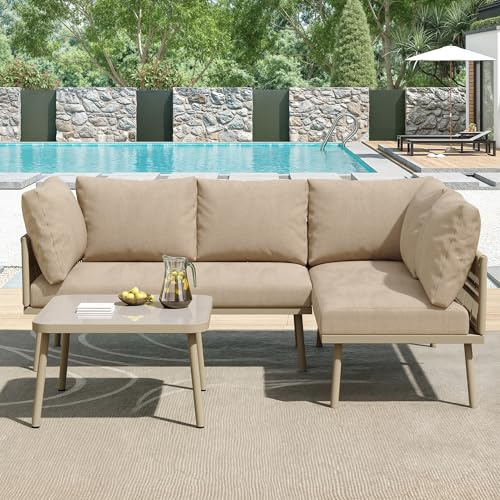 BTM Garten-Lounge-Set aus Eisen, Gartenmöbel-Set, L-förmiges Gartenmöbel-Set, Lounge-Set aus mit Sitzkissen, verstellbaren Füßen, 2 Sofas und 1 Tisch, Khaki