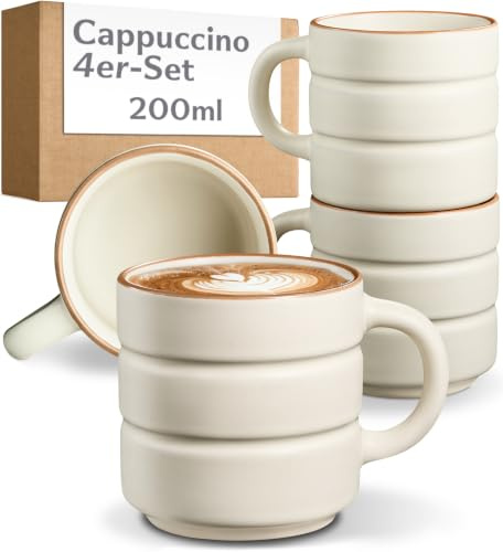 Cosumy 4er Cappuccino Tassen Set Beige - 200ml Kaffee Tasse aus Keramik | Stapelbar & Dickwandig - Cappuccinotassen mit henkel - Spülmaschinen- & mikrowellenfeste Kaffeetassen mit Streifenmuster