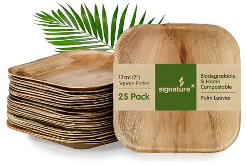 Signature Packaging - Disposable Palm Leaf Plates - Sturdy, Medium Square Plates - 17cm, 25 Pack