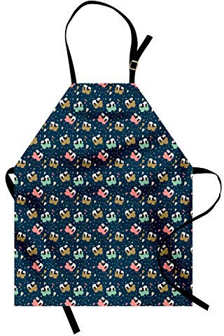 ABAKUHAUS Panda Kochschürze, Doodle Stil Charaktere mit Herz-Stern-und Tupfen, Höhenverstellbar Klare Farben ohne verblassen, Blau Mehrfarbig