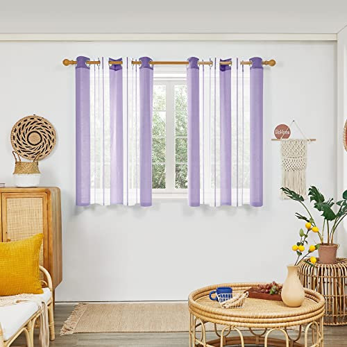 Deconovo Voile Gardinen in Leinenoptik, Ösenschal Transparent Nadelstreifen, Stores Vorhang Durchsichtig Schlafzimmer, 138x140 cm(HöhexBreite), Violett, 2er Set