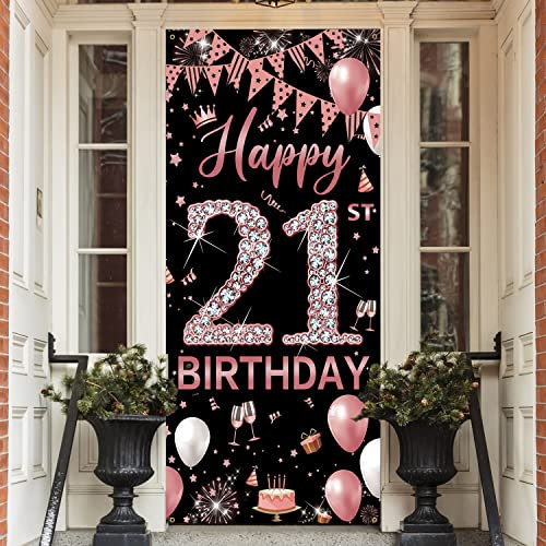 21st Birthday Decorations Door Banner, Rose Gold Happy 21st Birthday Decorations for Her, Door Cover Sign Poster Decorations, 21 Birthday Party Decorations Backdrop for Women 6.1ft x 3ft Fabric PHXEY