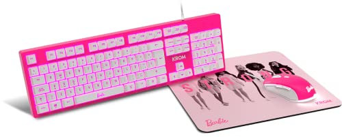 KROM Kit teclado, ratón y alfombrilla edición Barbie KANDY - Teclado membrana LED Blanco, Ratón con sensor óptico 6400 DPI, Alfombrilla de goma suave y resistente, layout español, color rosa