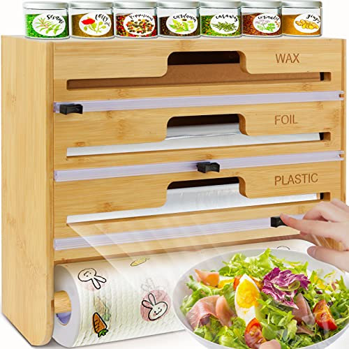 5 in 1 Foil and Plastic Wrap Organizer with Cutter, Plastic Wrap Food Dispenser with Paper Towel Holder for 12 inch Roll Wax Paper Parchment, Wall Mount Aluminum Foil Dispenser for Kitchen Storage