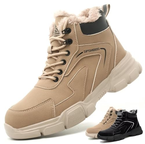 Scarpe Antinfortunistiche Invernali Uomo Donna Scarpe da Lavoro Stivali di Sicurezza Antiscivolo Impermeabili Caldi con Puntale in Acciaio Marrone Cachi 38