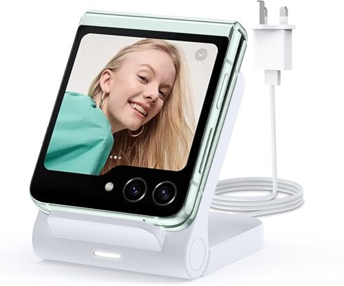 Geyo Wireless Charger for Samsung Galaxy Z Flip, 15W Fast Wireless Charging Stand, Compatible with Z Flip 7/6/5/4, for Motorola Razr/Razr+/Razr Ultra 2025, Non-Fold (QC3.0 Adapter Included) White