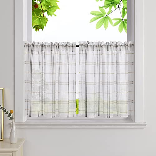 HeichkelL Karierte Scheibengardinen Karo-Design Halbtransparente Bistrogardine Landhausstil Kurzstores Leinenoptik Kleinfenster Gardinen Grau HxB 90x110cm 2 Stück