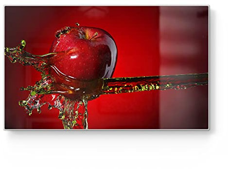 DEQORI Frühstücksbrett Glas | klein 23x14 cm | Motiv Flüssigkeit trifft Apfel | Design Schneidebrett für Küche | Frühstücksbrettchen antibakteriell & rutschfest | Glasplatte & Servierplatte