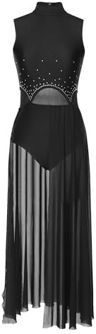 iEFiEL Damen Tanzkleid mit Strass Mesh Ballettkleid Ballett Trikotanzug Jumpsuit Tanzbody Overall Gymnastik Wettbewerb Tanzkostüm Schwarz M