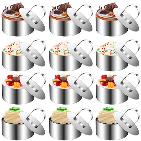 Mkitnvy Cercle a Patisserie, Ronde Cercle Patisserie 8 cm en Acier Inoxydable avec Poussoir, Anneaux à Dessert, Moules à Mousse pour Dessert Gâteau Poussoir (12Pcs)