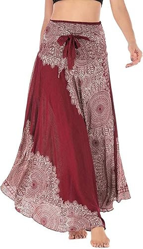 Adigaber Pieghettato Retro Maxi Gonna Lunga 2 in 1 Abito Bohemien Sciolto Fluente Festa in Spiaggia Vestito Swing Grande Danza del Ventre Casual