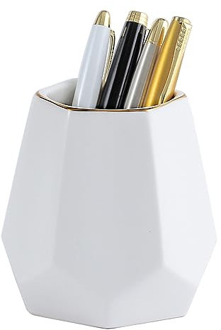 YOSCO Ceramic Pen Holder for Desk Cute Geometric Shaped Pencil Holder Cup Pot Desk Organizer for Office Decor Makeup Brush Holder (White)