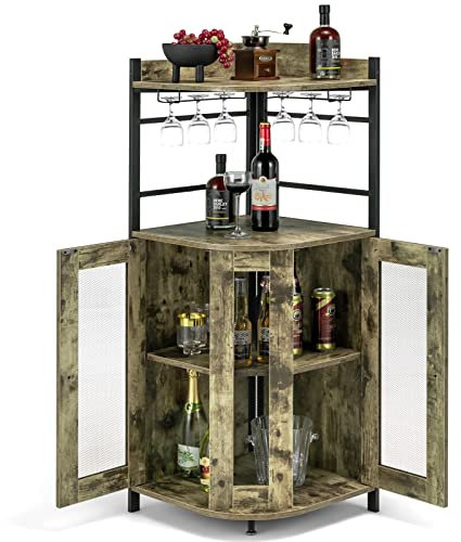 GOPLUS Weinbarschrank mit Glashalter, Eck-Barschrank mit 2 Türen, Weinschrank mit verstellbarem Regal, Küchenschrank für Küche & Esszimmer (Industrielles Braun)