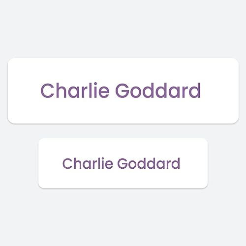 50 x No Iron Medium Personalised Stick On Waterproof Washable Name Labels Great for Clothes, School Uniform, Equipment, Shoes and More. School, Nursery, Day Care, Hospital - White with Purple Text