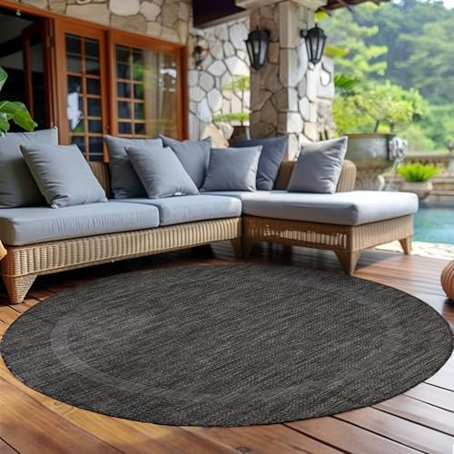 Carpettex Outdoor Teppich Wetterfest 200 cm Rund Sisal Optik Schwarz - Ideal für Balkon, Garten, Terrasse und als Küchenteppich - Draußen Teppich Waschbar, Flachgewebe, Wasserfest, Pflegeleicht