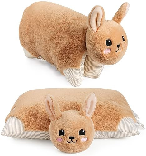 BRUBAKER Kuscheltier-Kissen Hase - 2 in 1 Plüschtier und Kuschelkissen - 40 x 30 cm Kuschelhase - aufklappbares Kinder Plüschkissen mit Klettverschluss - Tierkissen Hasenkissen Stofftier - Braun