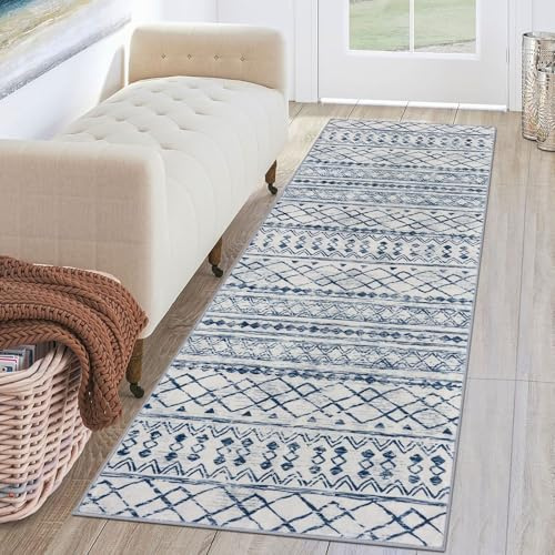 KUTA Marokkanischer waschbarer Läufer, rutschfest, Vintage, blau-weiß, Boho, Flur, Küche, Teppich, ultraweich, Used-Look, geometrischer Bodenteppich, Läufer für Schlafzimmer, Waschküche, Wohnzimmer