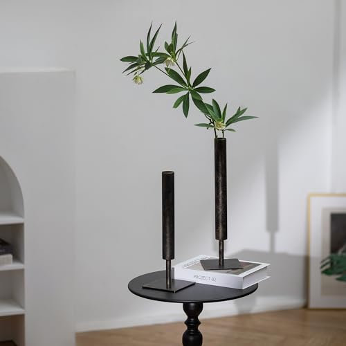 Sziqiqi Negro de Un Solo Tallo Jarrón - 39.5/35cm Alto Grande Jarrone Juego de 2 Modernos Metal Florero para Pampa Artificial Planta Nórdico Minimalista Jarrones de Mesa Salón Decoración del Hogar