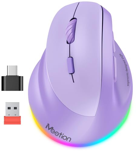 MEETION Left-Handed Mouse, Ergonomic Mouse Wireless Vertical Mouse, RGB Rechargeable Mice for Bluetooth(5.2 + 3.0) & USB-A with Type-c Adapter 4 Adjustable DPI for Mac/Windows/PC/Tablet/iPad Purple