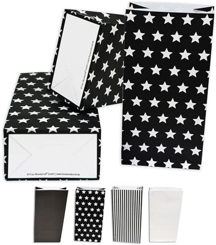 Frau WUNDERVoll® 60 Papiertüten mit Boden, schwarz matt weiße Sterne, 12x7x24cm / Blockbodenbeutel Tüte Papierbeutel Papiertüte Geschenktüte Geschenkbeutel Gastgeschenk Hochzeit Falttasche