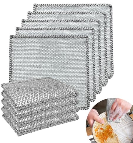 WD&CD 8 Stück Mehrzweck-Geschirrspüllappen Aus Draht, Nass und Trocken, Doppellagiges Non Scratch Wire Dishcloth für Pfanne, Topf, Herd, Küche, Haushalt Silber