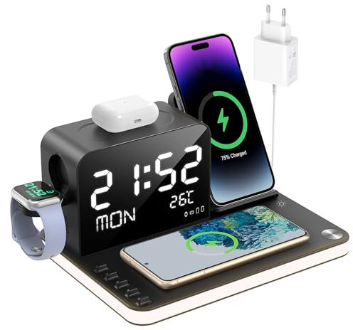 Chargeur Induction 7 en 1 avec Horloge, Chargeur sans Fil avec Veilleuse, Bluetooth TimeSync Temperature, Adaptateur 33W, Chargeur Rapide pour iPhone 16/15/14/13/12 Toutes Séries & Ecouteurs & iWatch