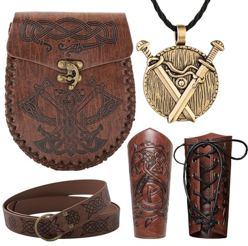 Vêtements Viking, 6 Pcs Deguisement Medieval Homme Femme, Protège Bras Tir à l'Arc, Brassards Médiévaux, Ceinture Médiévale pour Femmes, Déco Viking pour Halloween Cosplay Costume Viking (hache)