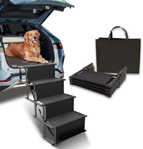 Hundetreppe Auto,Hundetreppe Klappbar für Kleine und Große Hunde, 4 Stufen Hunderampe Klappbar, Wasserdicht und rutschfest, Geeignet für Autos, Lastwagen, Buggys, Haustier-Rampen