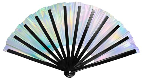 Husalsea PVC Folding Hand Fan,33cm Bamboo Ribs Reflective Fabric, Rave, Dance, Wedding, Party Fan