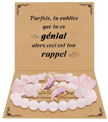 CheersLife Cadeau pour Femme 2 Bracelet Pierres Naturelles Femme Original Cadeau Ado Fille Cadeaux Noel Femme Cadeau Anniversaire Bracelet Cadeau pour Mamie Maman Sœur Amie Collègues Papillons Rose