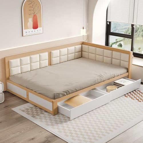 Schlafsofa Holzbett 140x200, Tagesbett Sofabett Doppelbett mit Lattenros&2 Stauraumschubladen&Ergonomisch Rückenlehne, multifunktionales Bett Gästebett Jugendbett, Kiefernholz,Ohne Matratze,Holzfarbe