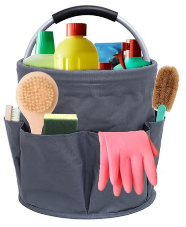 Grey Foldable Storage Basket Organiser - 17L Cleaning Bucket Caddy with Handle, Multi-Pocket Large Capacity Cleaning Caddy Bag for Home, Garden