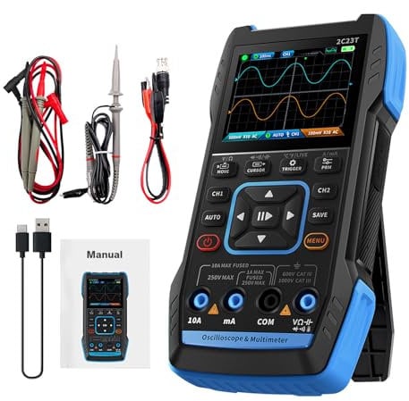 VOBOR Digital Oszilloskop, 3 in 1 Handheld Multimeter Oscilloscope, 2 Kanal, 10 MHz, 50 MS/s, Zählungen, Spannung, Strom, Kondensator, Widerstand, Diodentest, 2C53T