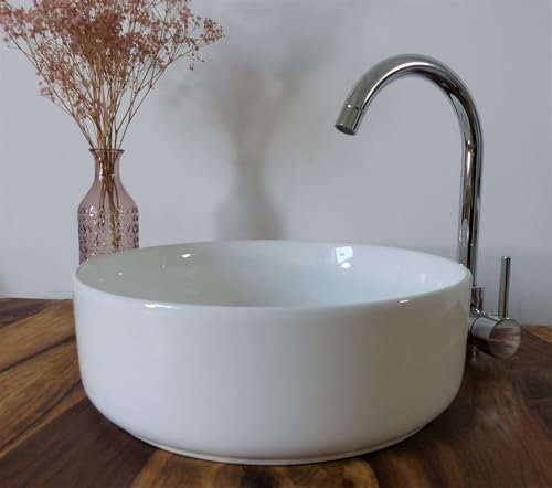 Nero Kleines Keramik Aufsatz Waschbecken rund weiß gerader Rand Gäste WC 36cm Waschtisch