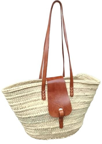 Marrakesch Ibiza Shopper Tasche für Damen 50x30 cm groß | Einkaufstasche Korb geflochten mit Henkel | Strandtasche Schultertasche XXL aus Palmenblatt und echtes Leder | Geflochtene Handtasche Solana