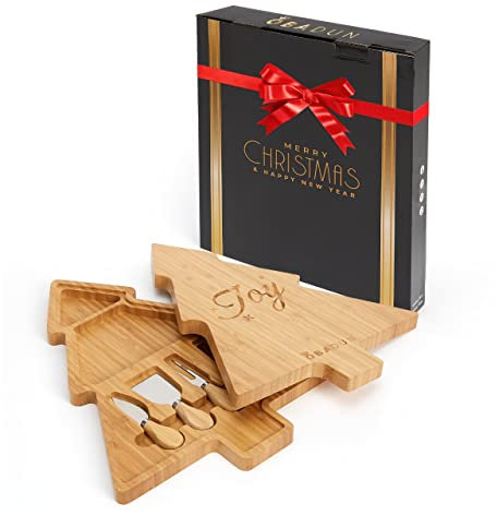 Xmas Tree Charcuterie Board with Fork & Knife - Cheese Board Gift Set - Tree Shaped Cutting Board Xmas Gift for Mom Daughter Friend Coworker - Xmas Gift for Wife - Holiday Charcuterie Board