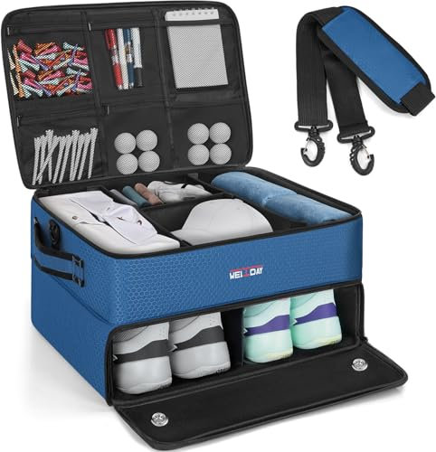 2 Layers Golf Trunk Organizer,Trunk Storage for Golfers,Golf Enthusiast Business Travel, Golf Car Locker with Separate Ventilated, Compartment for 2 Pair Shoes, Balls, Tees, Gloves, Accessories,Blue