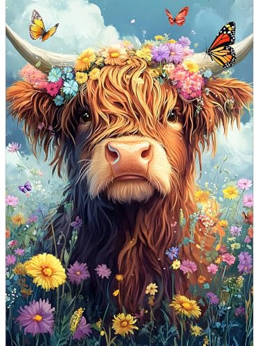 GDYEEH Hochlandkuh Diamond Painting Erwachsene, 5D Blumen Diamant Kunst Bilder Anfänger, DIY Schmetterling Runder Vollbohrer Diamanten Malerei Stickerei Kreuzstich Geschenke Home Wand Dekor 30x40cm