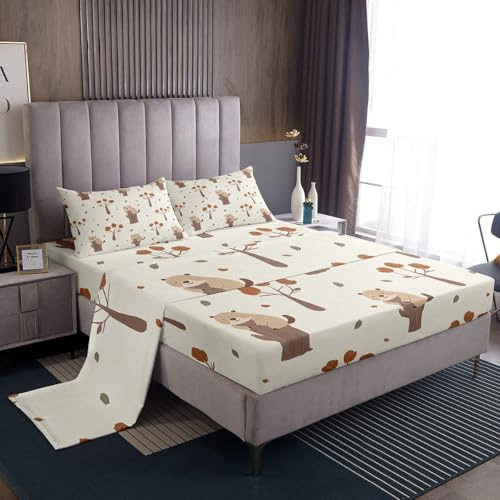 Erosebridal Fall Theme King Sheet Set for Kids Boys Girls Room Decor,Cute Beaver Bedding Set Cartoon Animal Maple Tree Bed Sheets Autumn Fallen Leaves 1 Fitted Sheet 1 Flat Sheet 2 Pillow Cases