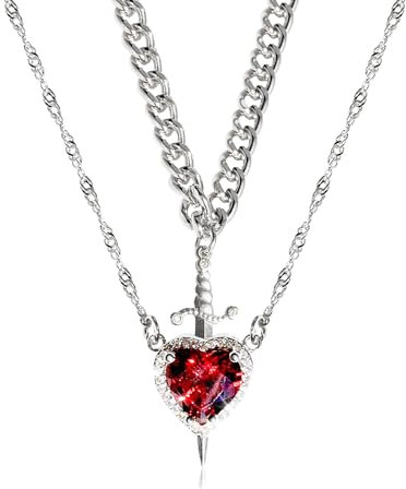 GAUEIOUR Silver Layered Double Heart Sword Pendant Necklace for Couples Friendship 2Pcs Alloy Vintage Chain Zirconia Woman Men Valentine's Day Jewelry Presents