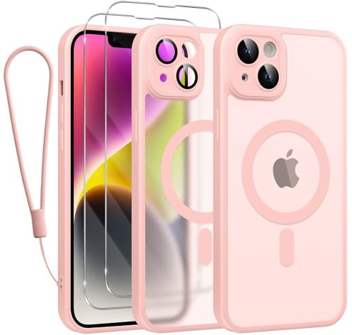 Rainway Magnetic Cover for iPhone 14 Case with 2 HD Screen Protector 1 Phone Lanyard, Compatible with MagSafe, Drop Protection Slim Shockproof Protective Translucent Matte Back Cell Phone Cover Pink