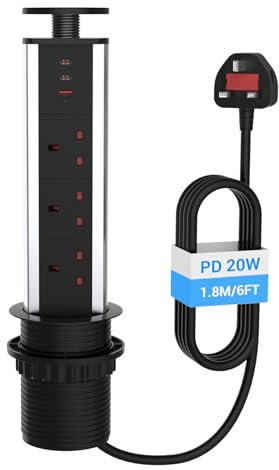 Hanstore Pop Up Socket Pull Pop Up Electrical Plug Socket with 2 Type-C & 1 USB Charging Ports 3 Plug Extension Desk Power for Kitchen Worktops Home Office, Black