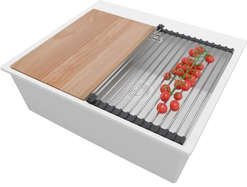 PRIMAGRAN Fregadero Cocina Todo Blanco 58x50cm, Fregadero Granito 1 Seno + Sifón + Accesorios, Fregadero sobre encimera al mueble 60cm - Oslo