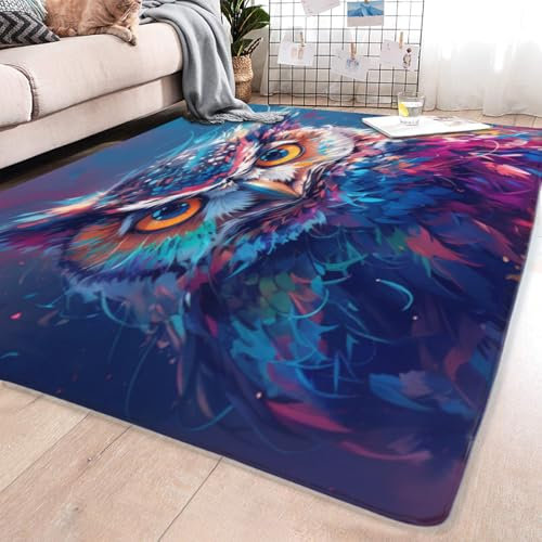 WANAHTON Teppich mit eulen 60x120 cm 3D Tiere Kinderteppich Teppich Wohnzimmer schwarz Weiche rutschfeste Waschbare Fußmatte für Kinderzimmer und Wohnzimmer